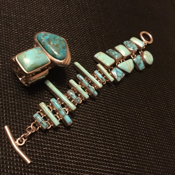 Artisan Jewelry - Huge Bold 3pc Artisan Genuine Turquoise .925 Stamped Sterling Trio “8 Rg’s 8 & 9